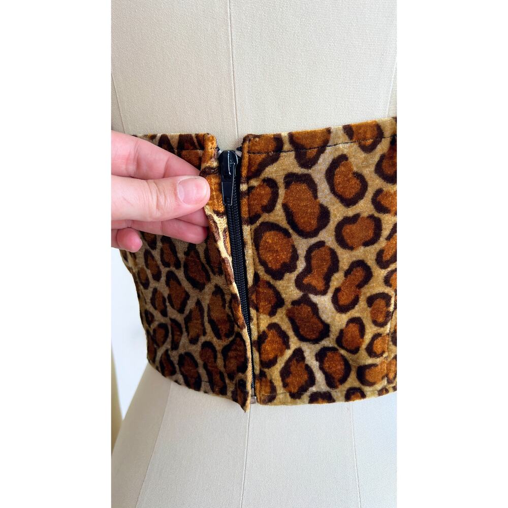 Vintage 1990s Bustier 90s Leopard Animal Print Pin Up Faux Fur Velvet Crop Top - Picture 8 of 9